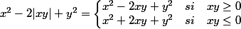 x^2 -2 |xy| + y^2 =\left\lbrace\begin{matrix} x^2 - 2xy + y^2&si &xy \ge 0 \\ x^2 + 2xy + y^2&si &xy \le 0 \end{matrix}\right.